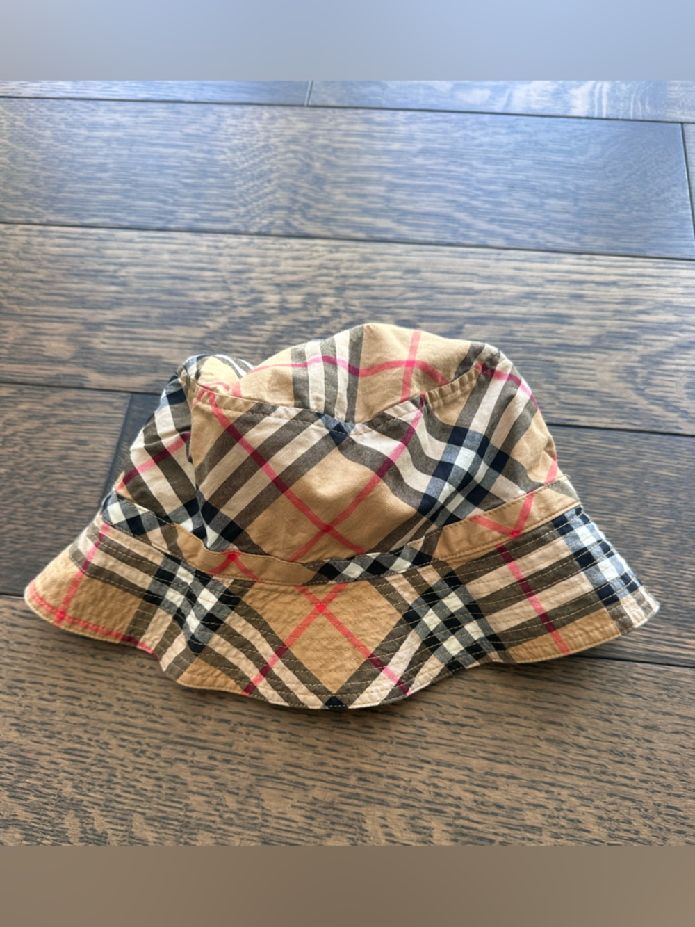 Burberry Beige Plaid Kids Bucket Hat with Black & Red Stripes